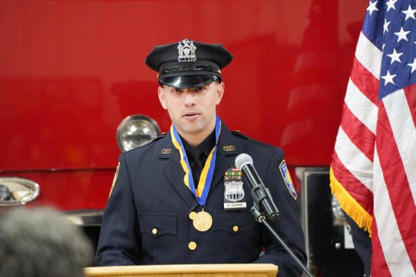 Kevin Columba speaks after receiving the Liberty Medal in Warwick, N.Y., on Dec. 19, 2023. (Cara Ding/The Epoch Times)