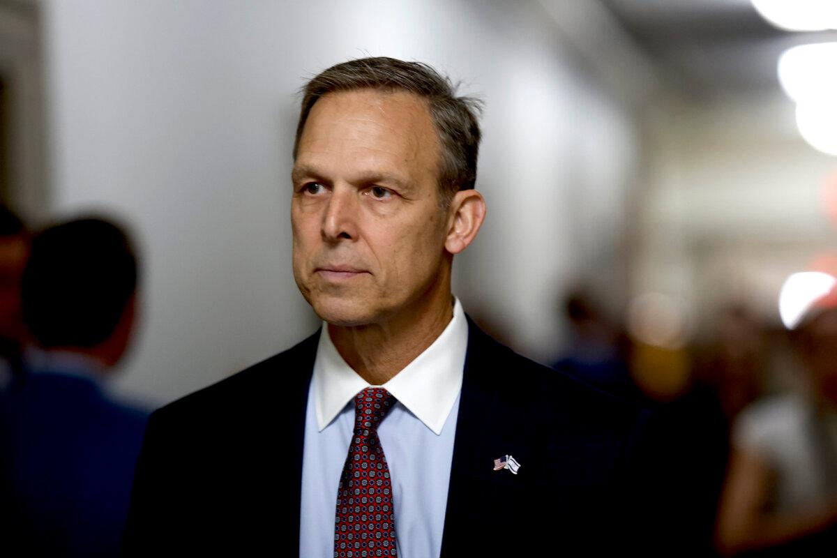 Rep. Scott Perry (R-Pa.) talks to reporters outside of a House Republican closed-door meeting to vote on a new Speaker of House in the Longworth House Office Building in Washington on Oct. 11, 2023. (Anna Moneymaker/Getty Images)