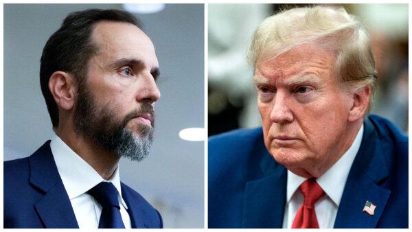 (Left) Special Counsel Jack Smith delivers remarks in Washington, on Aug. 1, 2023. (Right) Former President Donald Trump attends his fraud trial in New York State Supreme Court in New York City, on Dec. 7, 2023. (Drew Angerer/David Dee Delgado/Getty Images)