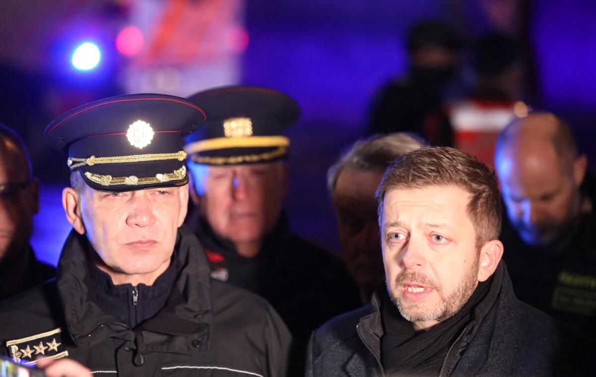 Czech Minister of the Interior Vit Rakusan (R) and Prague Police Chief Martin Vondrasek (L) are seen during a press briefing in Prague on Dec. 21, 2023. (Gabriel Kuchta/Getty Images)