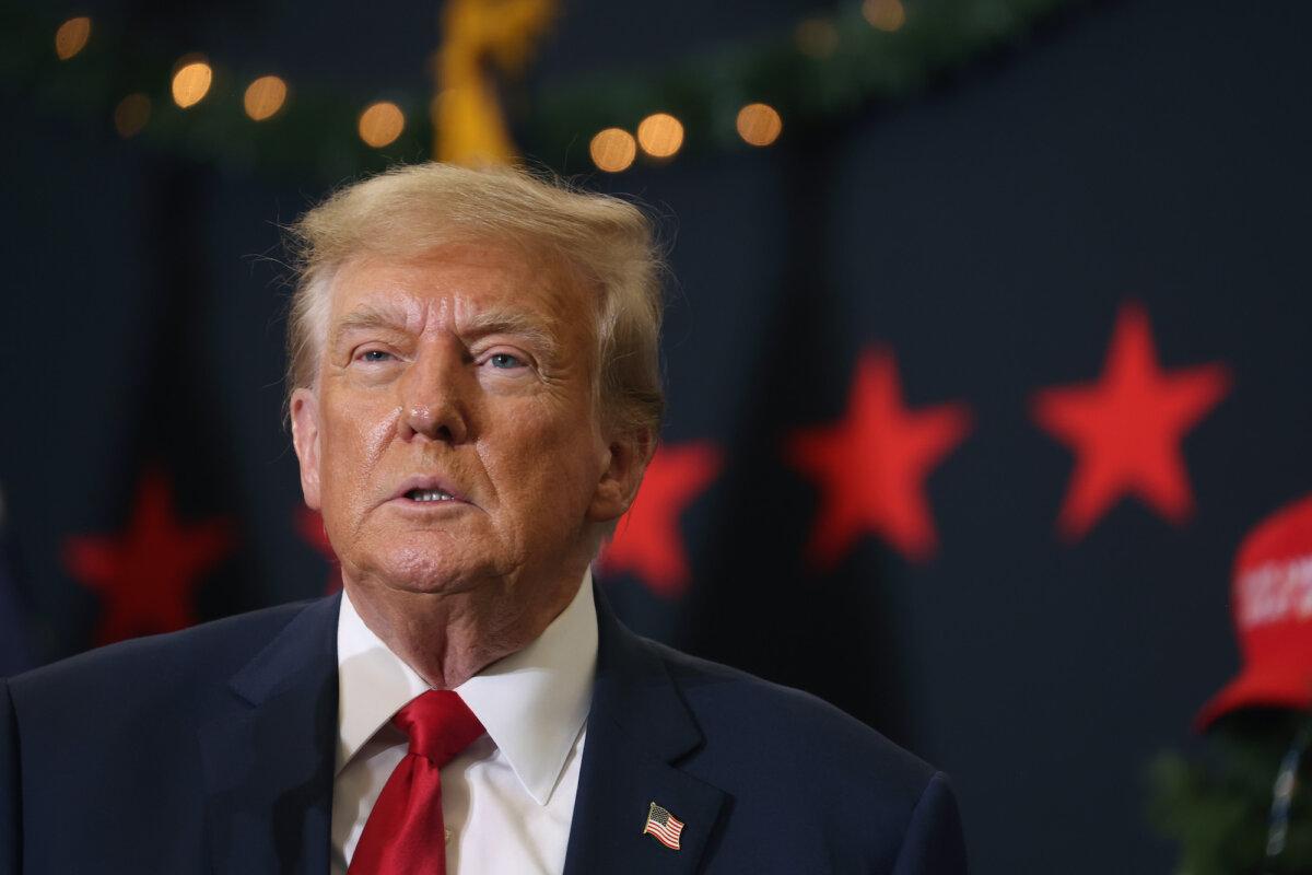 Republican presidential candidate and former U.S. President Donald Trump looks on during a campaign event in Waterloo, Iowa, on Dec. 19, 2023. (Scott Olson/Getty Images)