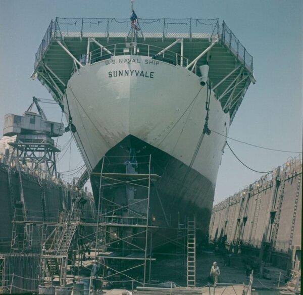 Steel Navy Ship Sunnyvale in drydock at the San Fransisco Shipyard in 1969. (From the National Museum of Industrial History permanent collection)