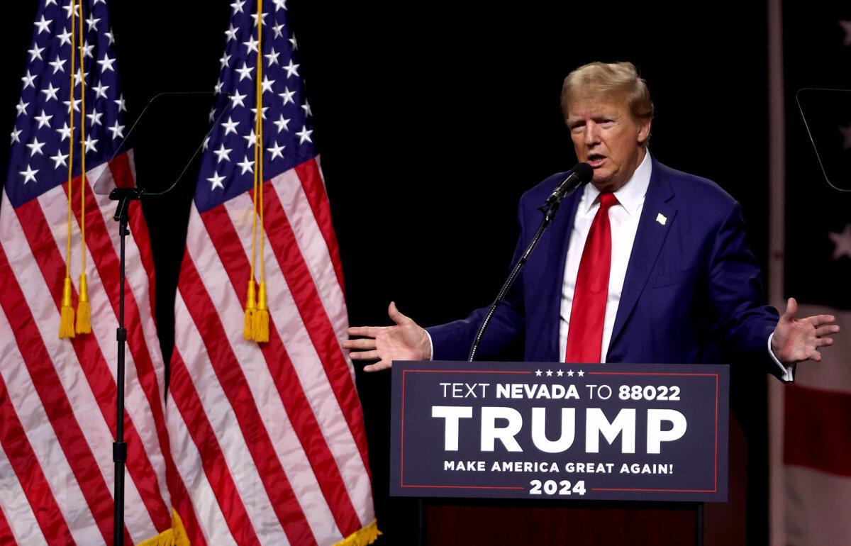 Republican Presidential candidate former President Donald Trump delivers remarks during a campaign rally at the Reno-Sparks Convention Center in Reno, Nev., on Dec. 17, 2023. (Justin Sullivan/Getty Images)