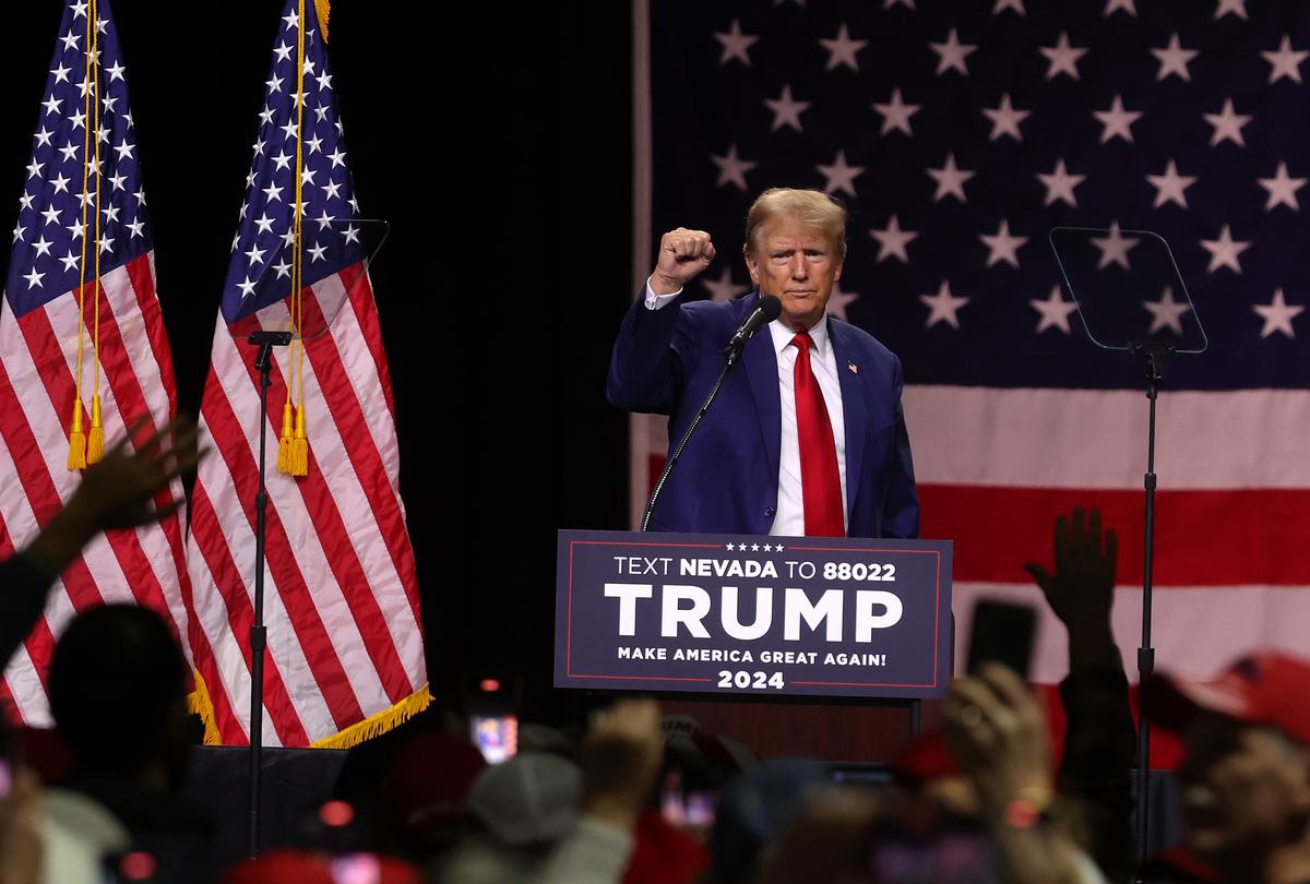 Republican Presidential candidate former President Donald Trump gestures during a campaign rally at the Reno-Sparks Convention Center in Reno, Nev., on Dec. 17, 2023. (Justin Sullivan/Getty Images)