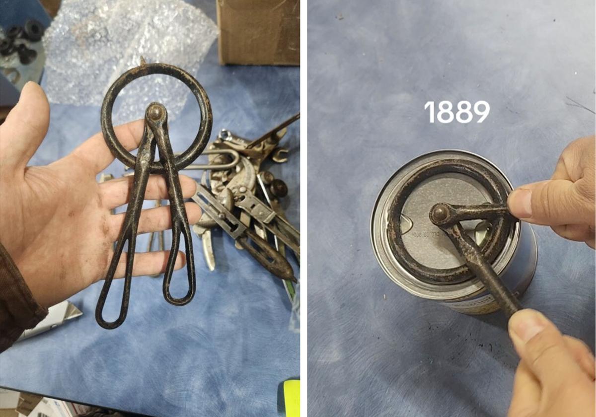 An 1888 can opener patented in 1889 opens a modern-day can with ease. (Courtesy of Dustin Soyring)