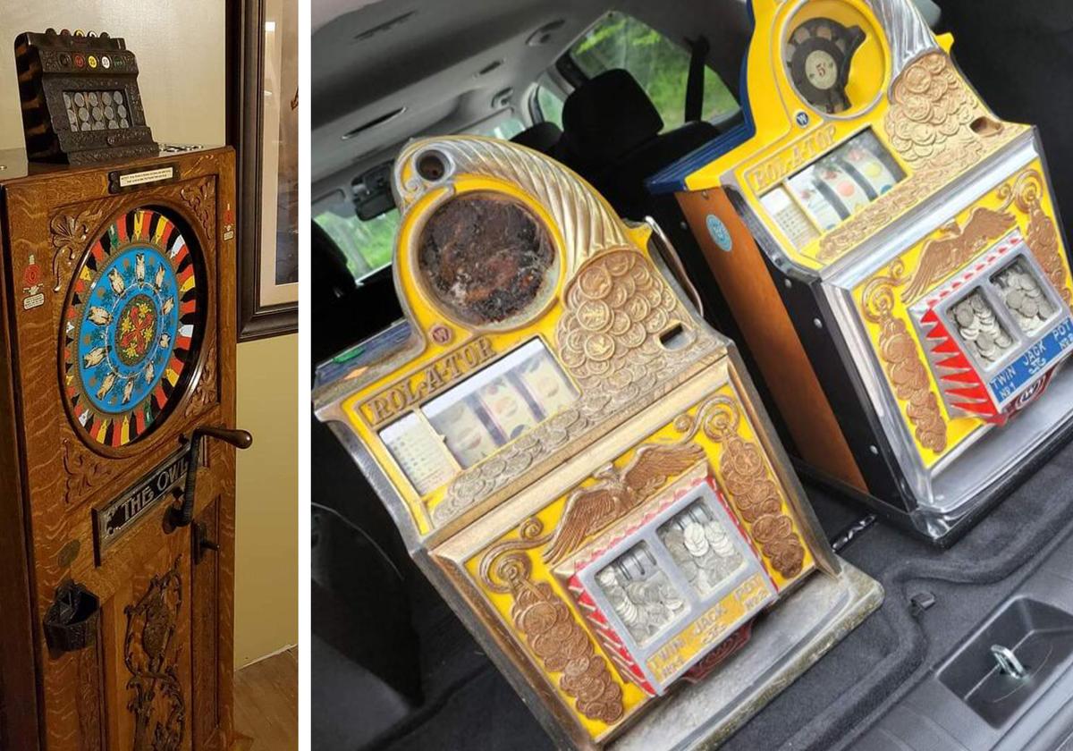 Prohibition-era, non-electric slot machines acquired by Mr. Soyring during his cross-state travels. (Courtesy of Dustin Soyring)
