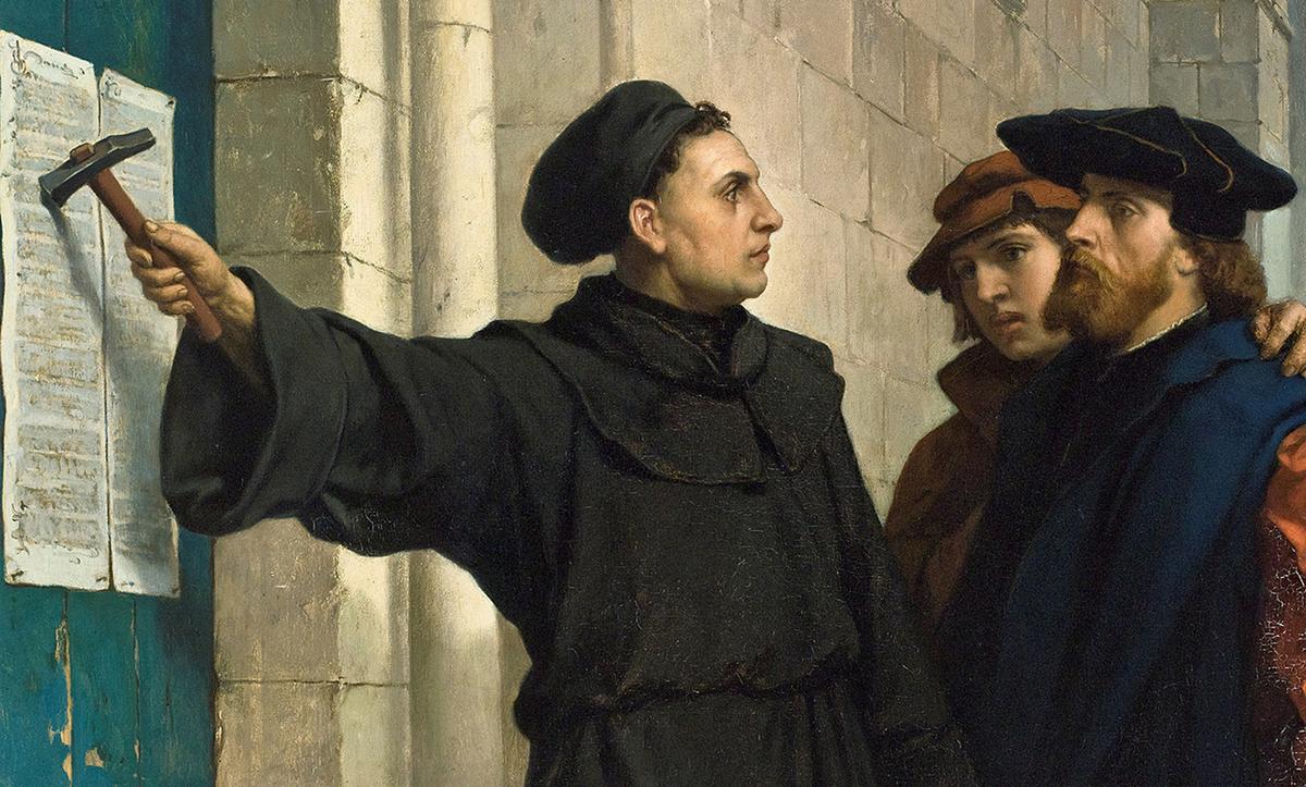 Martin Luther’s 95 Theses disputing the Catholic Church’s controversial practices became the catalyst for the Protestant Reformation. Detail from "Martin Luther Hammers His 95 Theses to the Door," 1872, by Ferdinand Pauwels. (Public Domain)