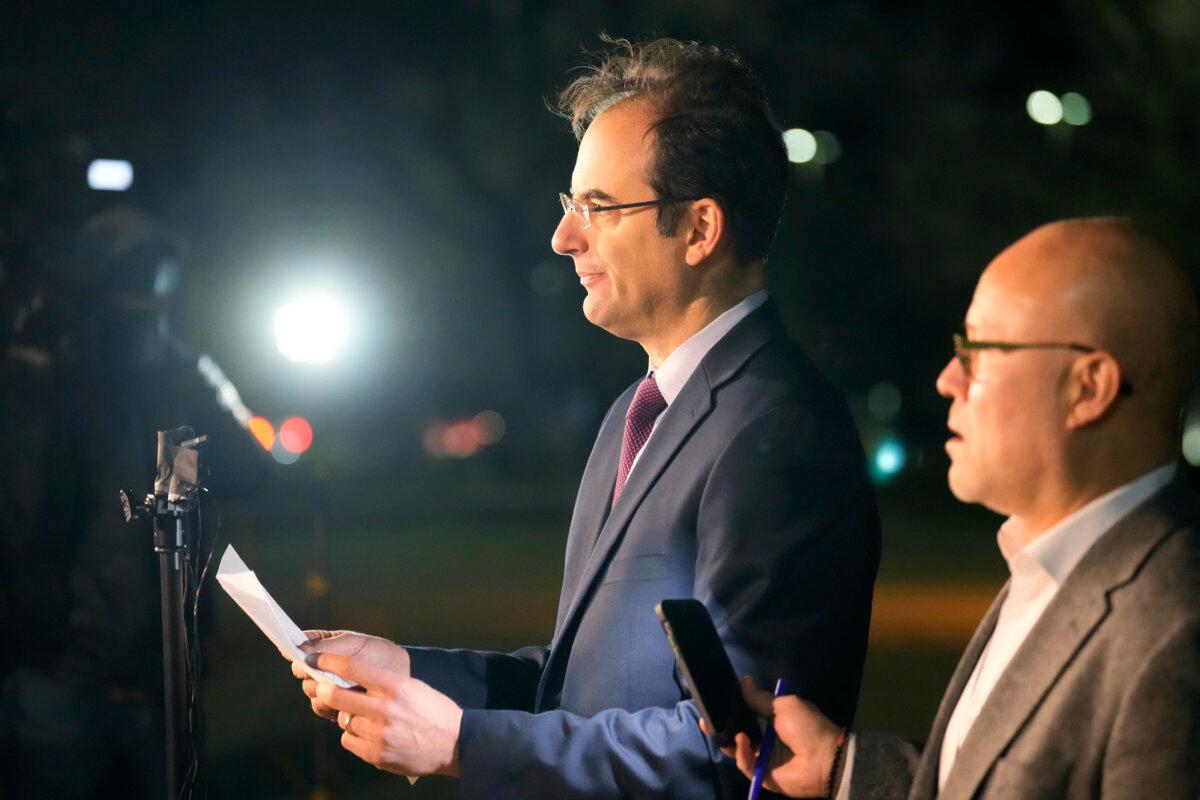 Colorado Attorney General Phil Weiser (L) speaks outside the Adams County, Colo., Justice Center on Dec. 22, 2023. (David Zalubowski/AP Photo)