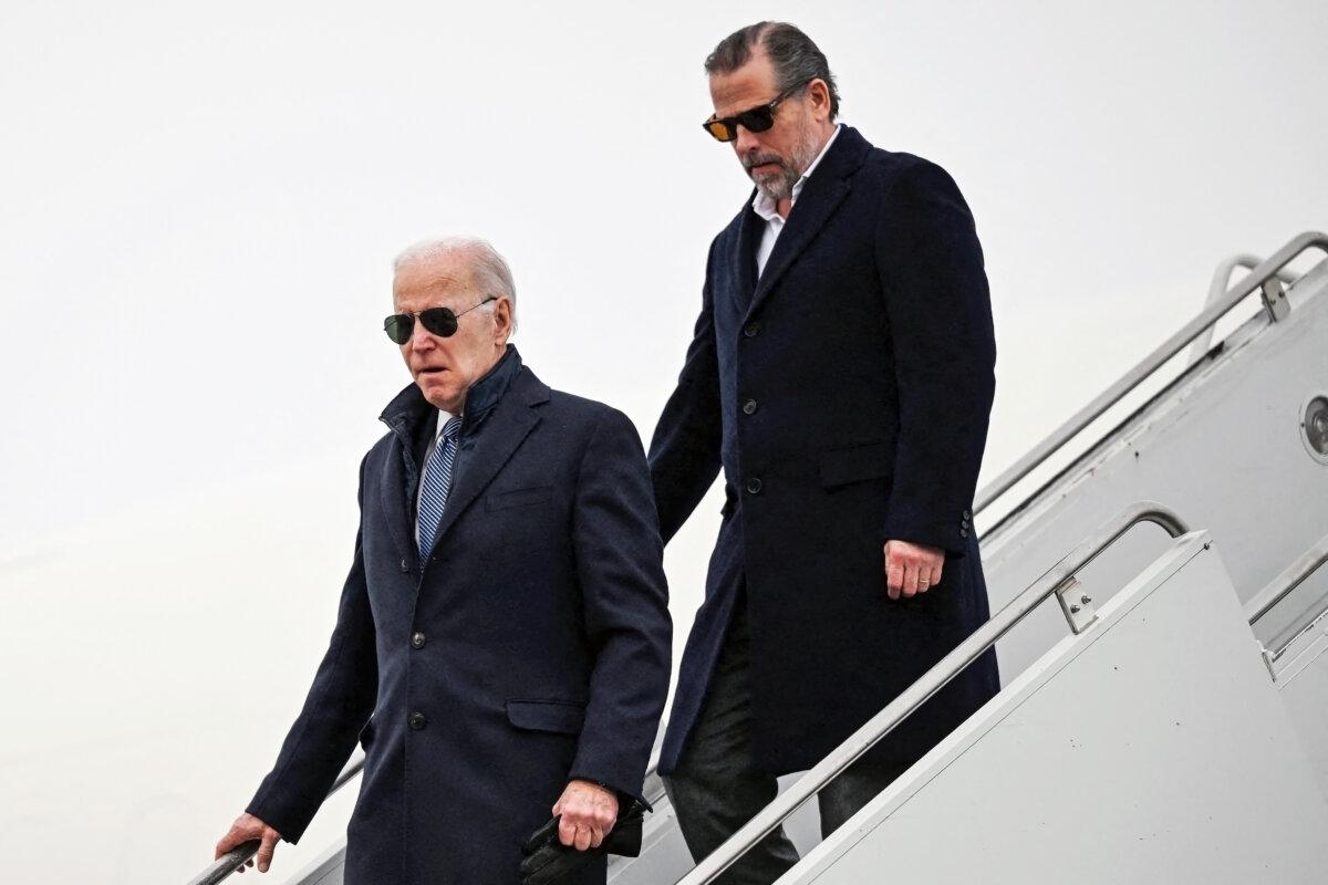 President Joe Biden and his son, Hunter Biden, arrive at Hancock Field Air National Guard Base in Syracuse, N.Y., on Feb. 4, 2023. (Andrew Caballero-reynolds/AFP via Getty Images)