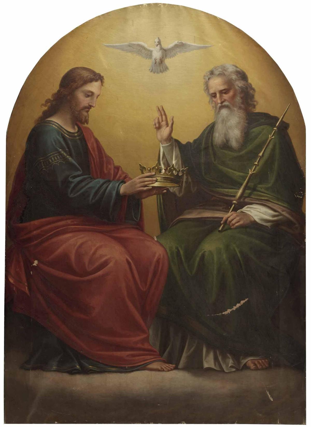 A painting of the Holy Trinity: God the Father, God the Son, and the Holy Spirit, before 1917, by Max Fürst. (Public Domain)