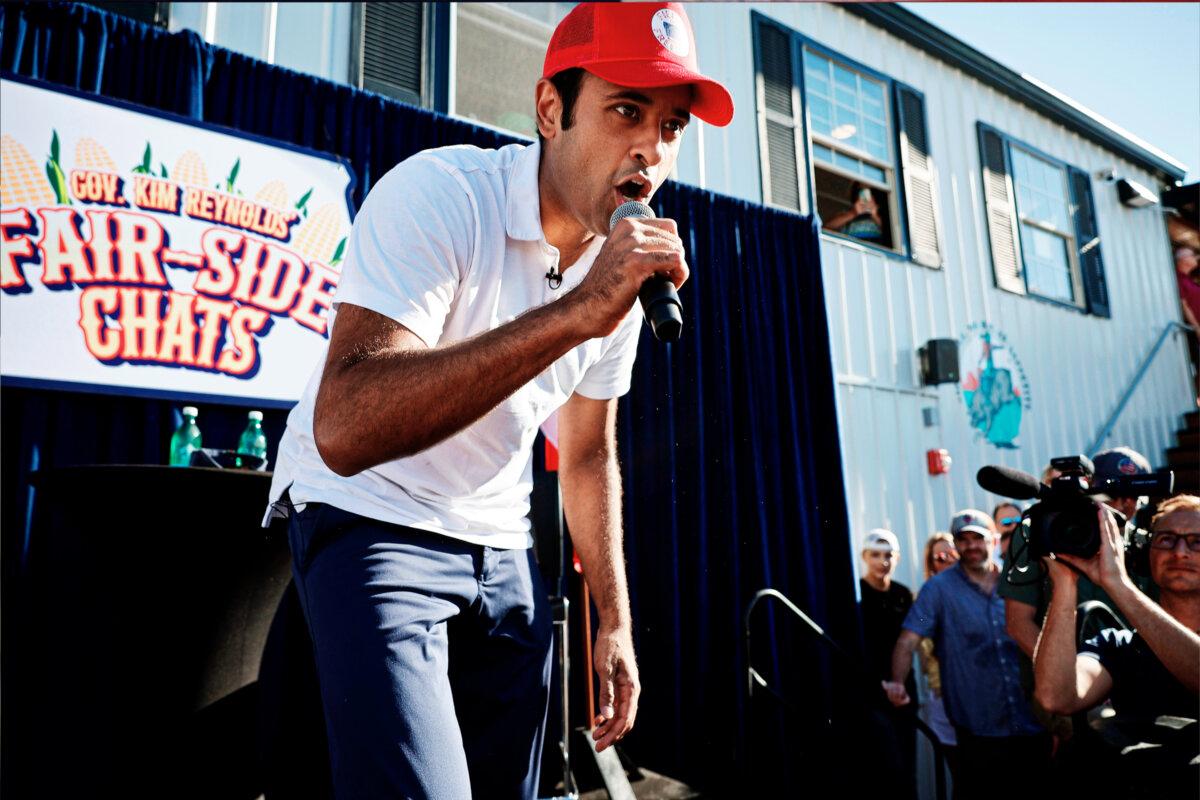 Republican presidential candidate Vivek Ramaswamy attends an event at the Iowa State Fair in Des Moines, Iowa, on Aug. 12, 2023. (Chip Somodevilla/Getty Images)