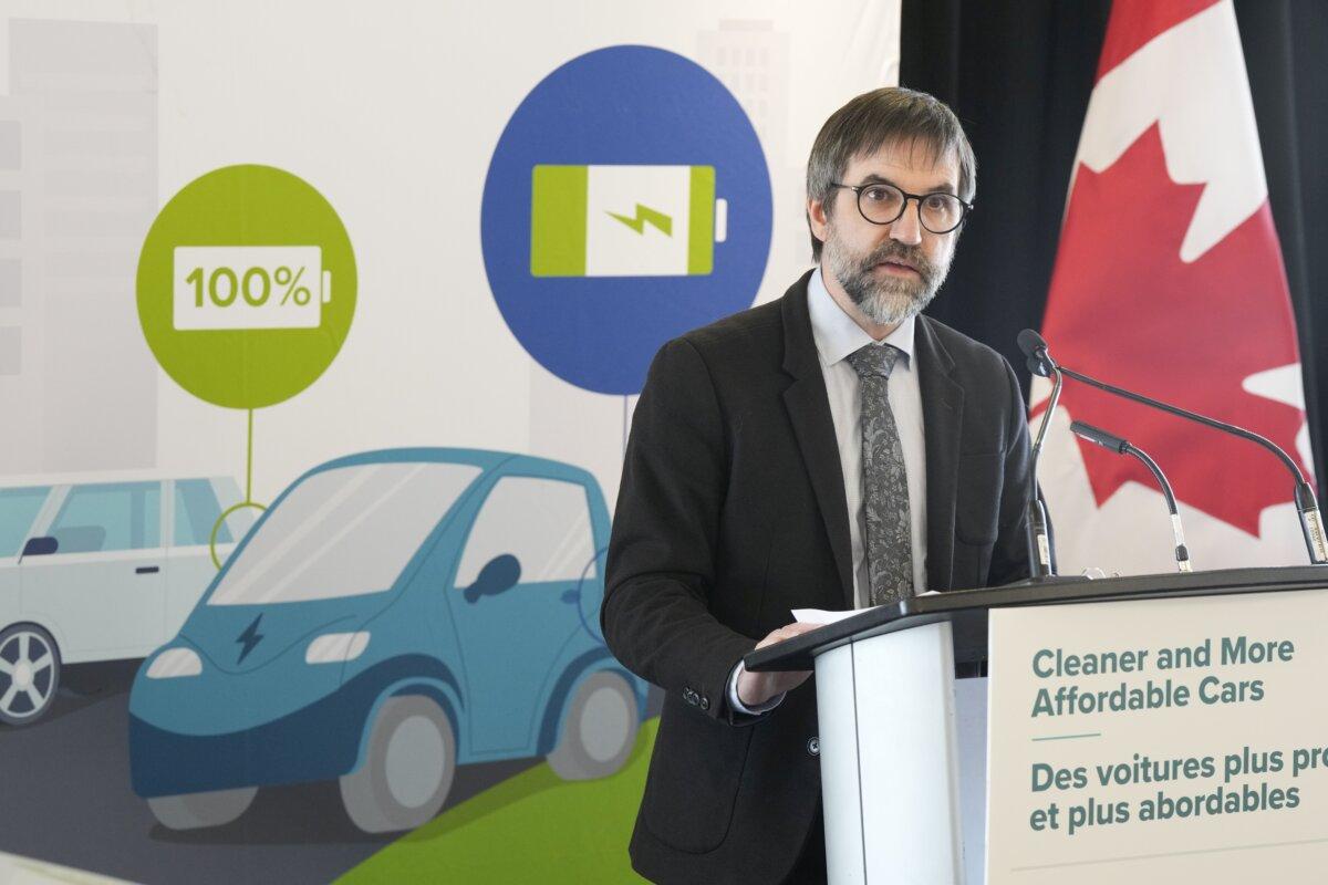 Canadian Environment Minister Steven Guilbeault outlines the details of his plan to eventually phase out the sale of gas-powered vehicles in Canada, in Toronto on Dec.19, 2023. (The Canadian Press/Frank Gunn)