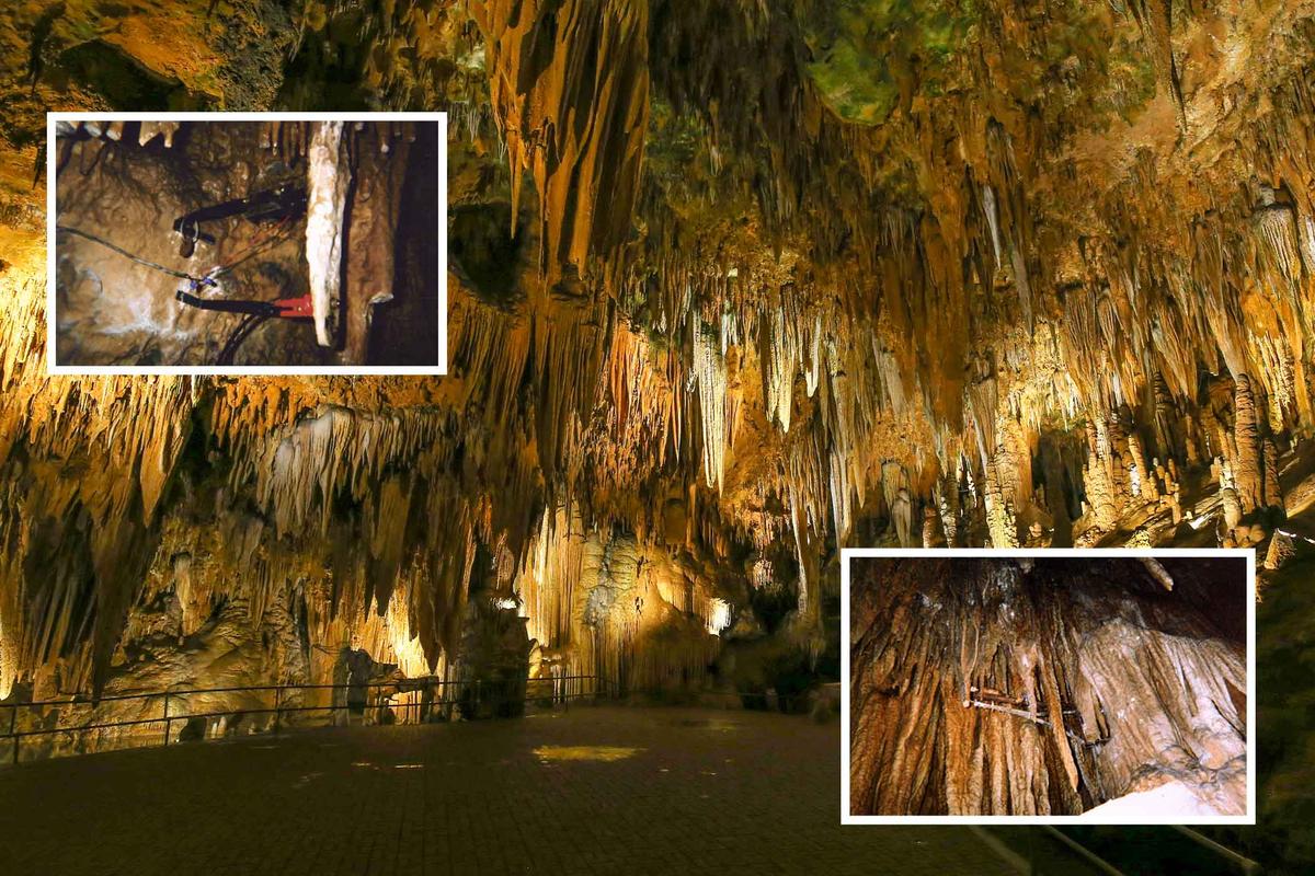 The interior of the cavern with details showing the mallet system connected to stalactites. (Andru Goldman/Shutterstock; Inset: Public Domain)