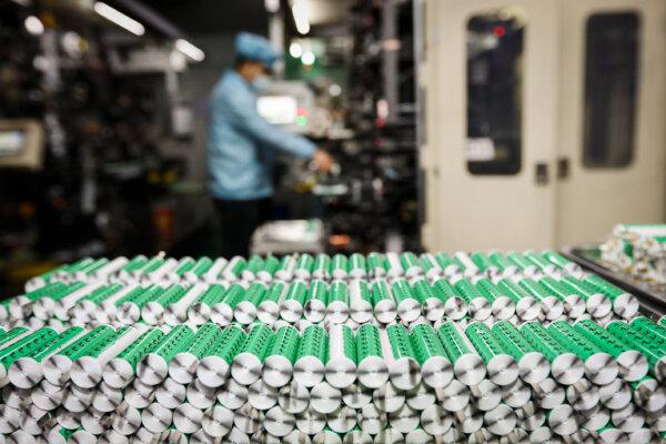 Lithium batteries displayed in the workshop of a lithium battery manufacturing company in Huaibei, eastern China's Anhui province, on Nov. 14, 2020. (AFP via Getty Images)