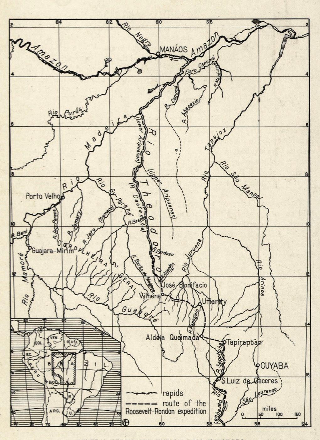 A map of central Brazil and the Roosevelt River (formerly called River of Doubt). (Public Domain)