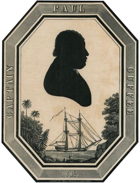 An engraved silhouette of Captain Paul Cuffe, above a ship docked in Sierra Leone, after a drawing by John Pole, 1812. (Public Domain)