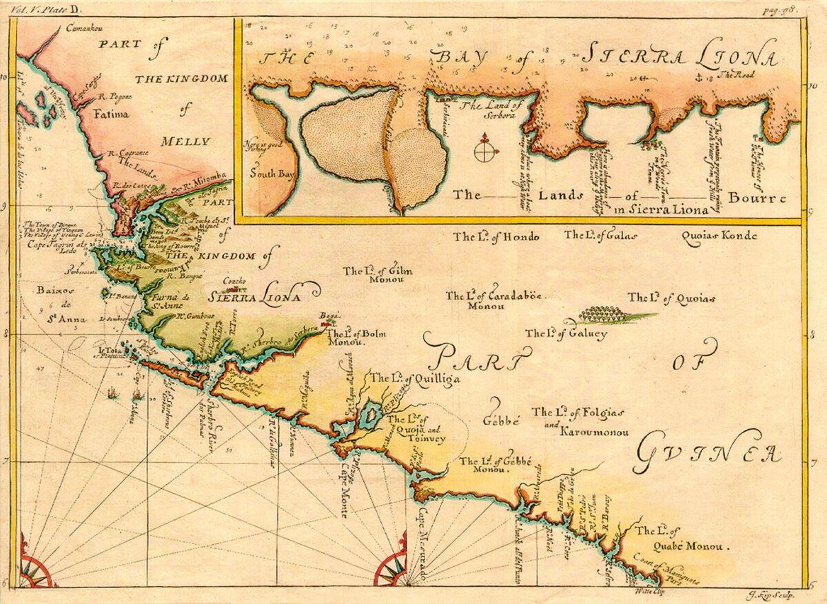 Map showing the coast of Guinea and the Bay of Sierra Leone by engraver Jan Kip, 1732. (Public Domain)