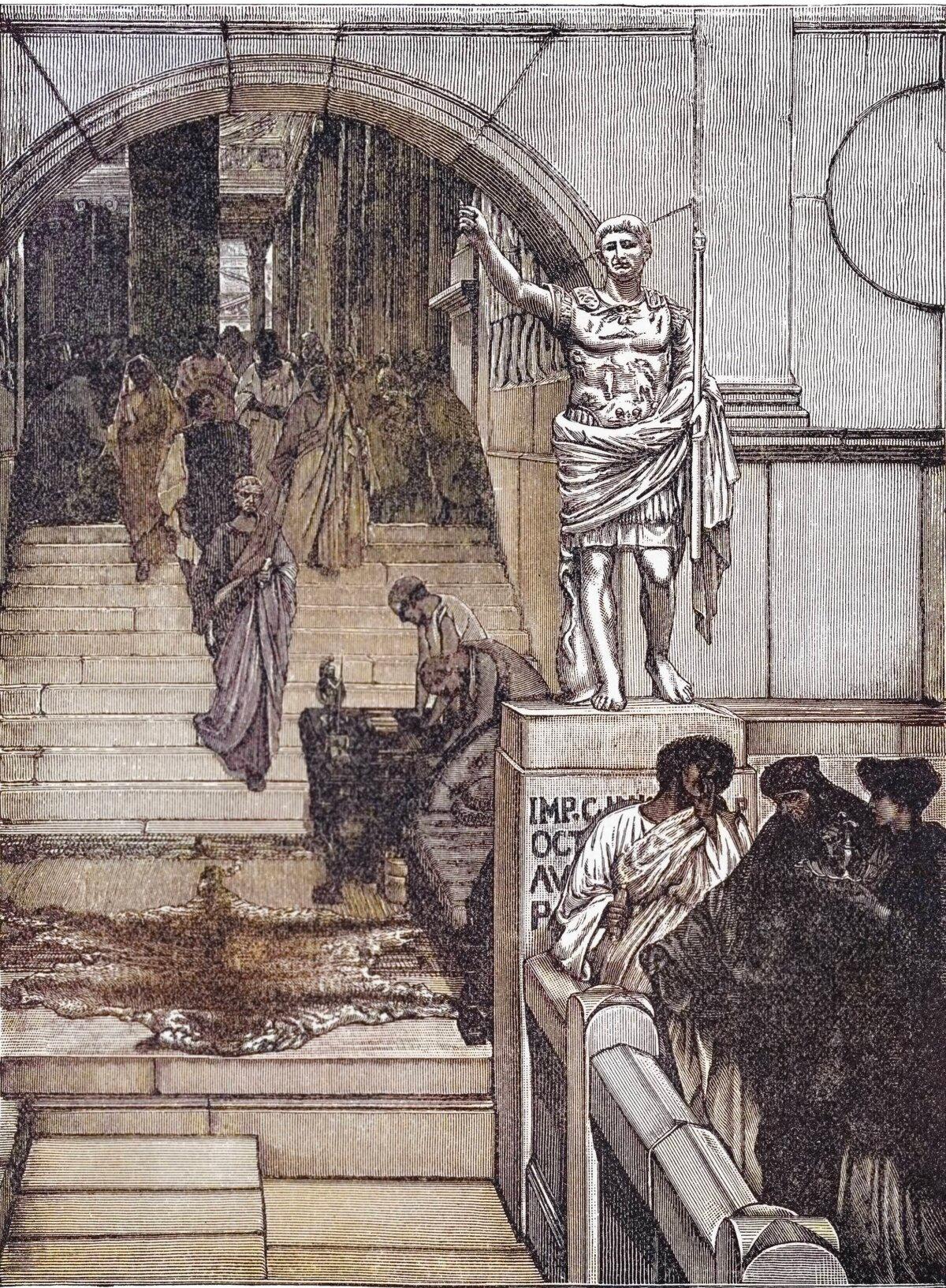 An engraved illustration of Lawrence Alma-Tadema’s painting depicting a scene in ancient Rome, “An Audience at Agrippa’s.” (mikroman6/Moment/Getty Images)