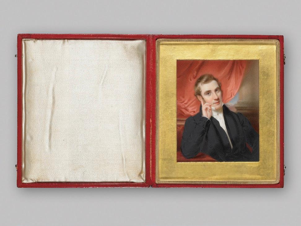 A tiny portrait of landscape painter Thomas Cole by Thomas Seir Cummings, circa 1828 or 1829. The background elements are as detailed as large-scale portraits, featuring draped fabric and a column. Watercolor on ivory; 3 1/4 inches by 2 5/8 inches. Yale University Art Gallery, Connecticut. (Public Domain)