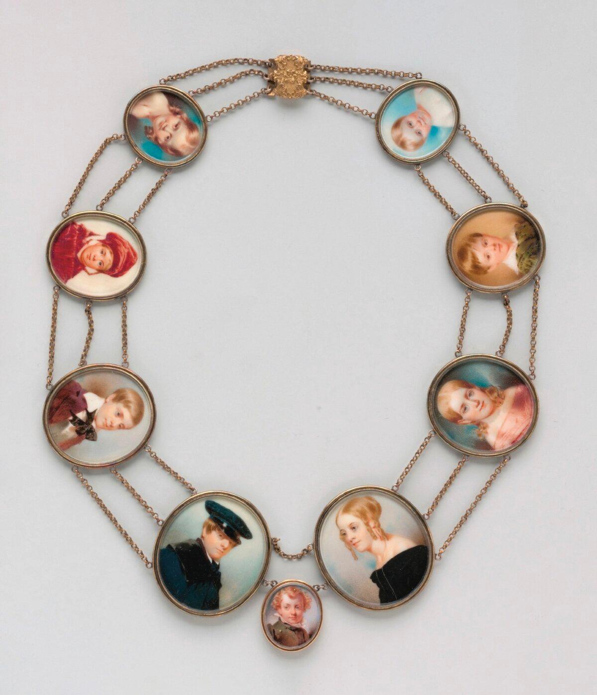 “A Mother’s Pearls” by Thomas Seir Cummings, 1841. The artist crafted this necklace for his wife, with portraits of their children. Watercolor on ivory. The Metropolitan Museum of Art, New York. (Public Domain)