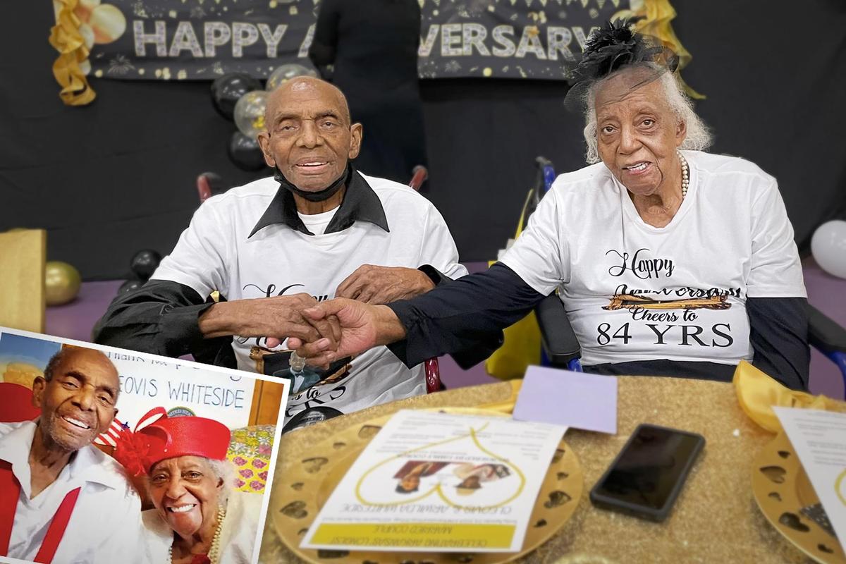 Arwilda Whiteside, 98, and her husband, Cleovis, 102, at their 84th anniversary. (Courtesy of Arkansas Family Council); Inset: (Courtesy of Kathy Whiteside-Sims)