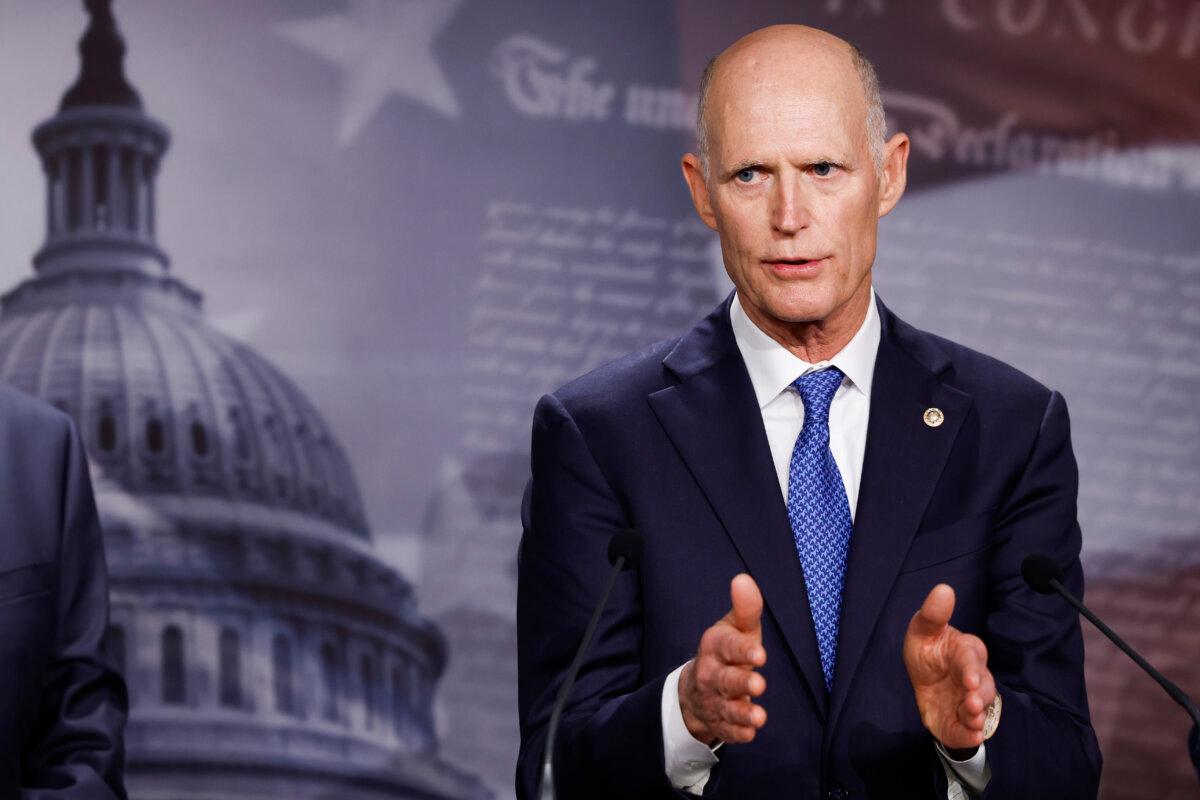 WASHINGTON, DC - JANUARY 25: Sen. Rick Scott (R-FL) speaks during a news conference at the U.S. Capitol Building on January 25, 2023 in Washington, DC. Senate Republicans held the news conference to discuss the ongoing negotiations between the House, Senate and White House over the national debt ceiling. (Photo by Anna Moneymaker/Getty Images)