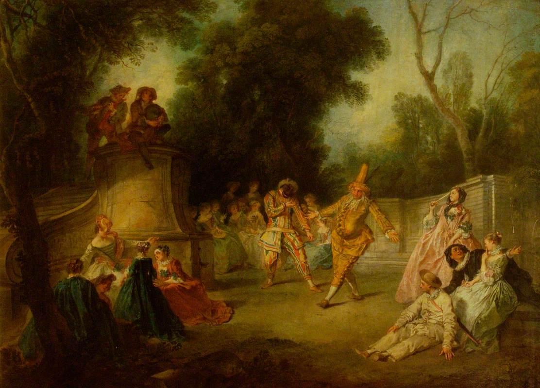 “A Scene From the Commedia dell’Arte With Harlequin and Punchinello,” 1734, by Nicolas Lancret. Oil on panel; 17 1/2 inches by 22 4/5 inches. Waddesdon Manor. Buckinghamshire, England. (Public Domain)