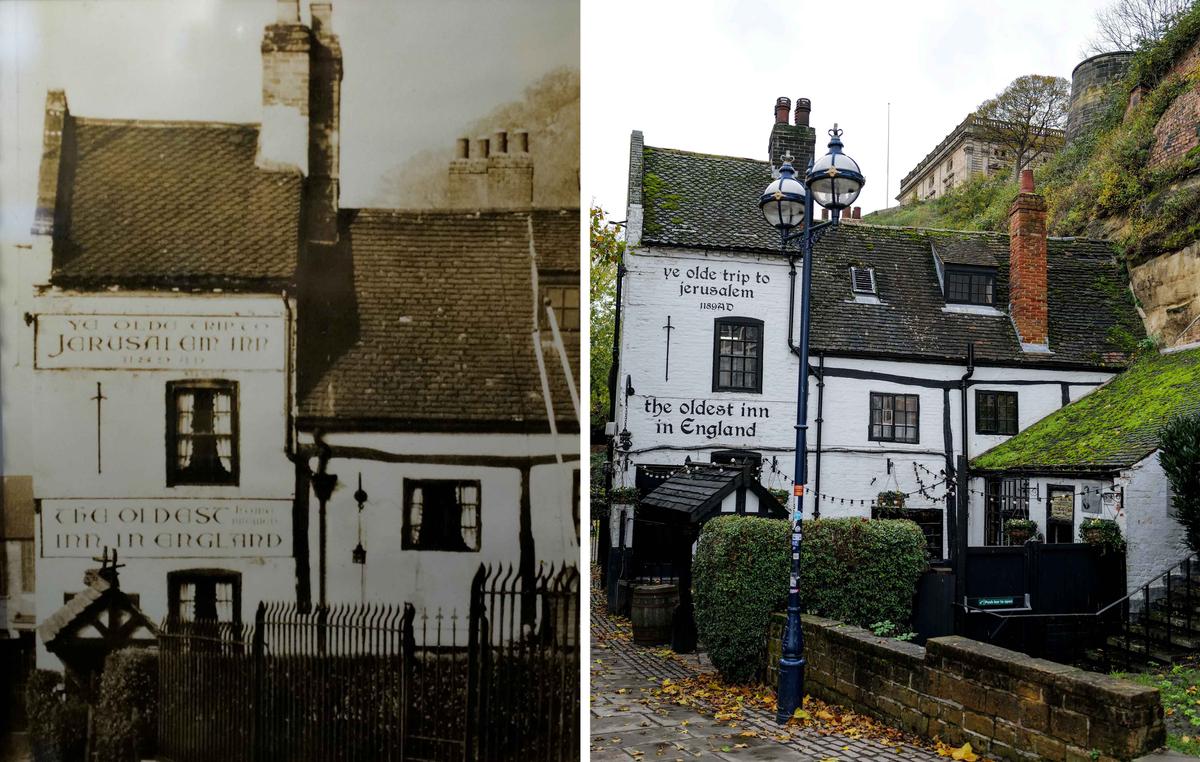 A historic picture and a recreated historic picture of Ye Olde Trip to Jerusalem, Nottingham, reputed to be the oldest inn in England. (SWNS)