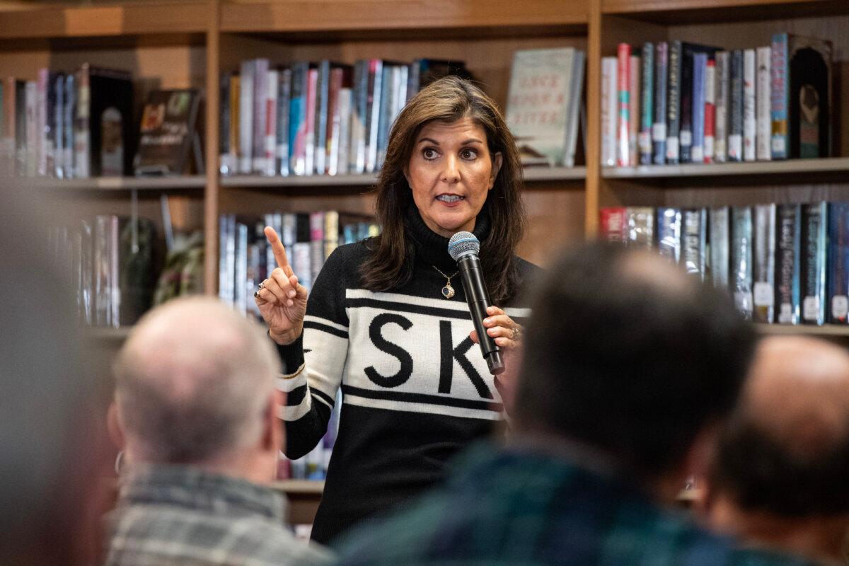 Former U.N. ambassador and 2024 Republican presidential hopeful Nikki Haley speaks at a town hall campaign event at Kennett High School in North Conway, N.H., on Dec. 28, 2023. (Joseph Prezioso/AFP via Getty Images)