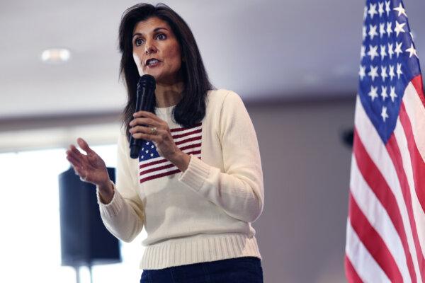 Republican presidential candidate former U.N. Ambassador Nikki Haley addresses the crowd during a campaign stop at the Nevada Fairgrounds community building in Nevada, Iowa on Dec. 18, 2023. (Scott Olson/Getty Images)