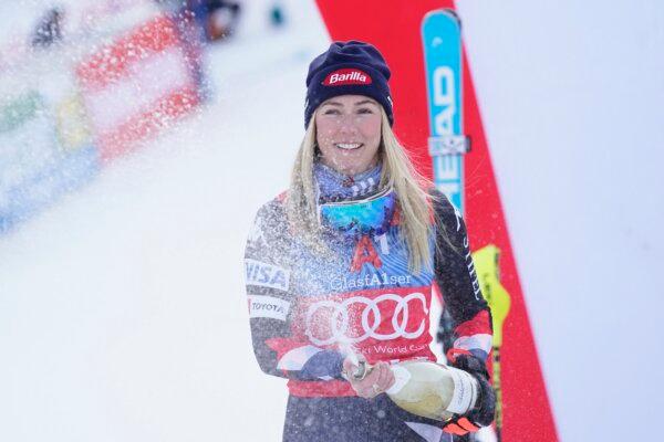 The winner United States' Mikaela Shiffrin celebrates after an alpine ski, women's World Cup slalom race, in Lienz, Austria, on Dec. 29, 2023. (Giovanni Auletta/AP Photo)