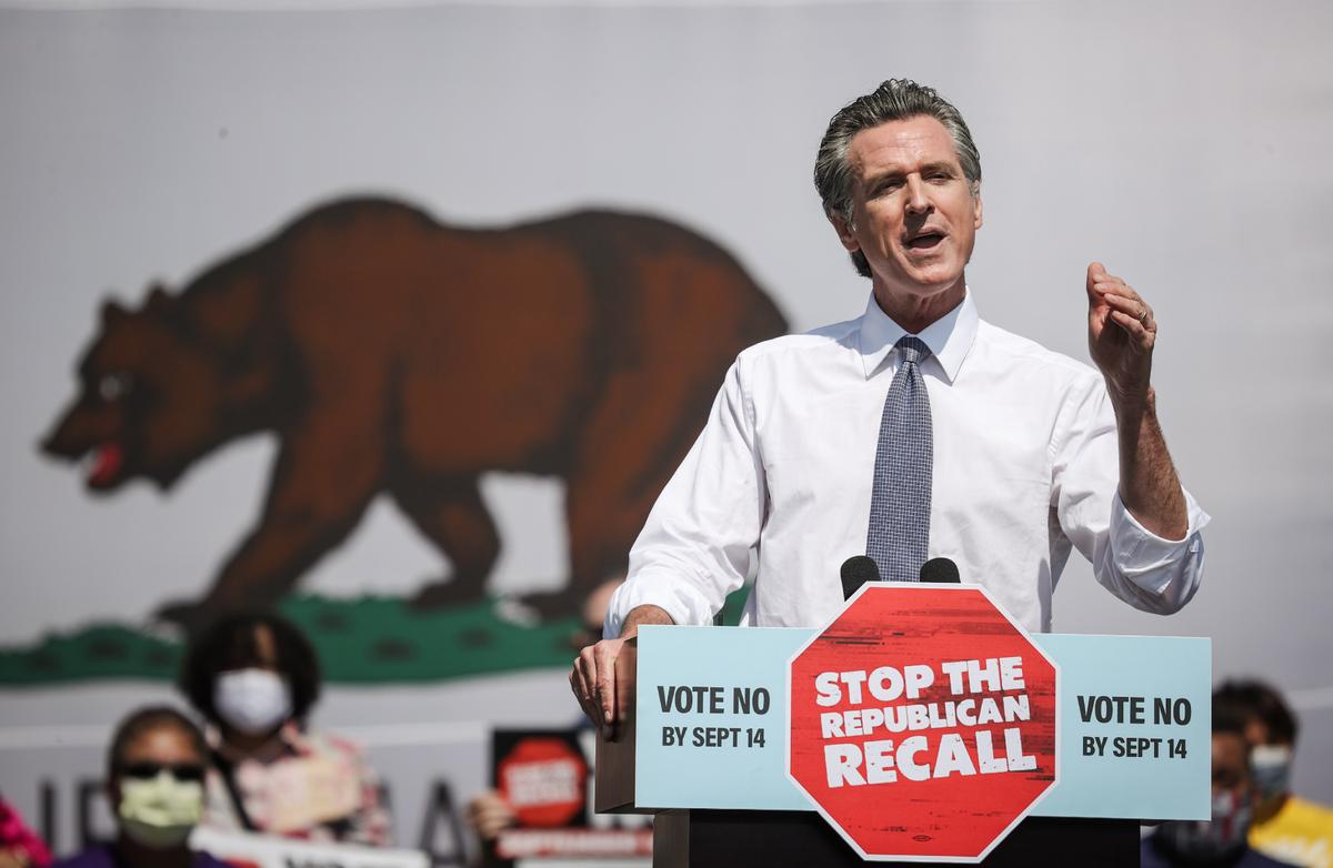 California Gov. Gavin Newsom speaks during a campaign event with Vice President Kamala Harris in San Leandro, Calif., on Sept. 8, 2021. (Justin Sullivan/Getty Images)