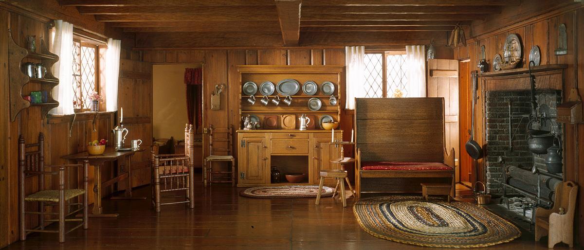  "A1: Massachusetts Living Room and Kitchen, 1675–1700," made 1937–1940, by Narcissa Niblack Thorne. Mixed media; 8 5/8 inches by 18 1/8 inches by 14 inches. Art Institute of Chicago. (Public Domain)
