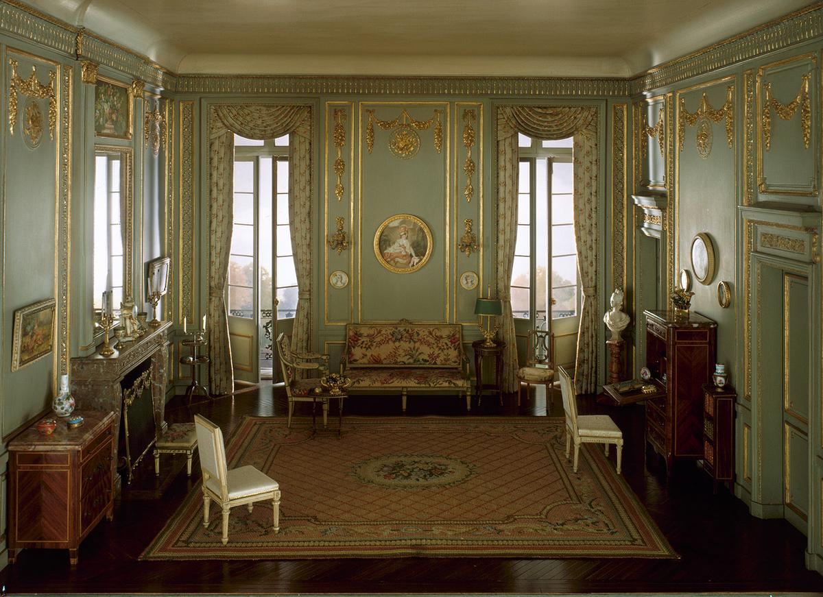  E-24: French Salon of the Louis XVI Period, c. 1780," made 1932–1937, by Narcissa Niblack Thorne. Mixed media; 15 inches by 20 1/2 inches by 17 inches. Art Institute of Chicago. (Public Domain)