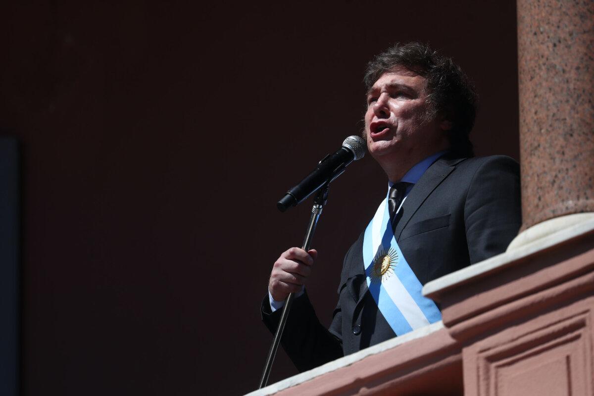 President of Argentina Javier Milei gives a speech after his Inauguration Ceremony at "Casa Rosada" Presidential Palace in Buenos Aires, Argentina, on Dec. 10, 2023. (Marcos Brindicci/Getty Images)