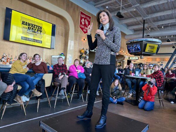 Nikki Haley speaks at the Iowa Athletic Club in Coralville on Dec. 30, 2023. (Austin Alonzo/The Epoch Times)