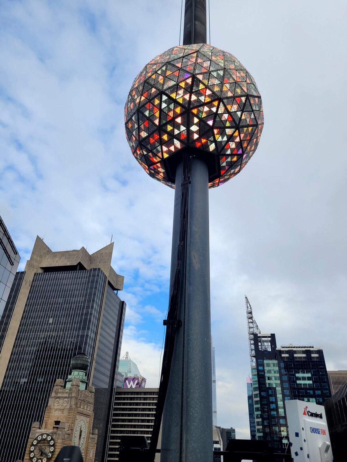 The New Year's Eve ball is shown in Times Square in New York on Dec. 30, 2023. (Julie Walker/AP Photo)