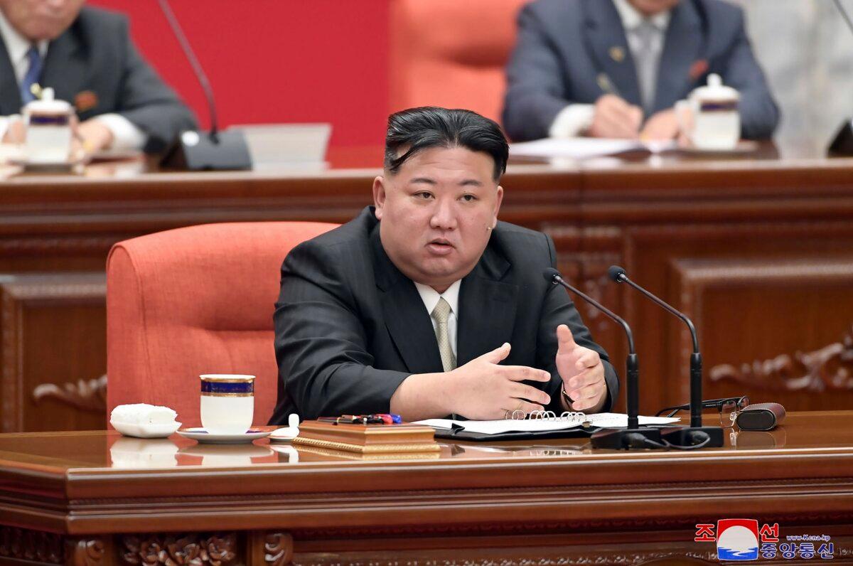 North Korean leader Kim Jong Un delivers a speech in Pyongyang, North Korea, between Dec. 26, 2023 and Dec. 30, 2023. (KCNA/Korea News Service via AP)
