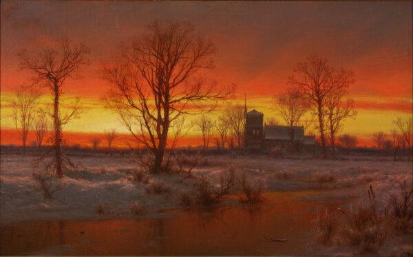 “Sunset, Winter,” 1862, by Louis Rémy Mignot. Oil on canvas; 15 1/16 inches by 24 1/8 inches. High Museum of Art, Atlanta, Ga. (Public Domain)