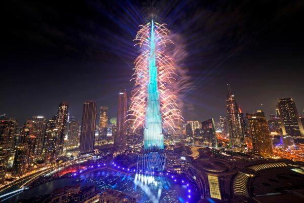  Fireworks explode at the Burj Khalifa, the world's tallest building, during the New Year's Eve celebration, in Dubai, United Arab Emirates, on Jan. 1, 2024. (Kamran Jebreili/AP Photo)