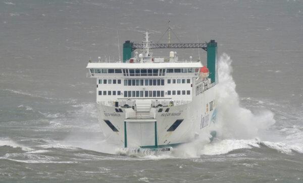 The Irish Ferries Isle of Inisheer ferry battles against strong winds and rough seas as it arrives at the port of Dover in Kent, England on April 12, 2023. (PA)