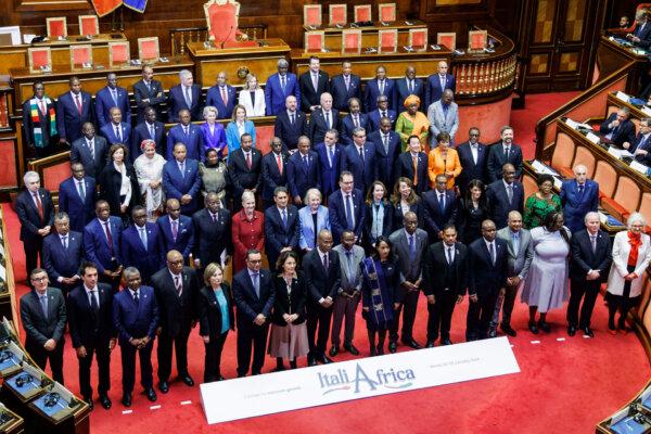 Italian Premier Giorgia Meloni, top center, poses with African leaders and dignitaries at the Senate for the start of an Italy-Africa summit in Rome, on Jan. 29, 2024. (Roberto Monaldo/LaPresse via AP)