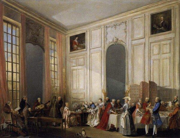 "Afternoon Tea at the Temple," 1766, oil on canvas by Michel-Barthélémy Ollivier, depicting W. A. Mozart entertaining the royal court of Louis François, Prince of Conti in the Four-Mirror Salon of the Palais du Temple, Le Marais, Paris. (Public Domain)