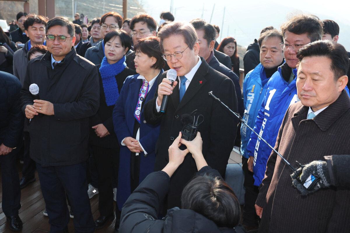 South Korea's opposition party leader, Lee Jae-myung, speaks during his visit to Busan, South Korea, on Jan. 2, 2024, not long before he was attacked. (Yonhap via Reuters)