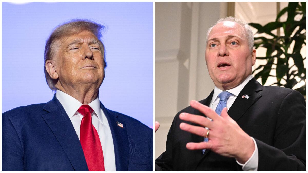 (L) Former President Donald Trump arrives at a campaign event at the Whittemore Center Arena in Durham, N.H., on Dec. 16, 2023. (Scott Eisen/Getty Images); House Majority Leader Steve Scalise (R-La.) speaks to the press after a House Republicans caucus meeting at the U.S. Capitol in Washington on Oct. 11, 2023. (Saul Loeb/AFP via Getty Images)