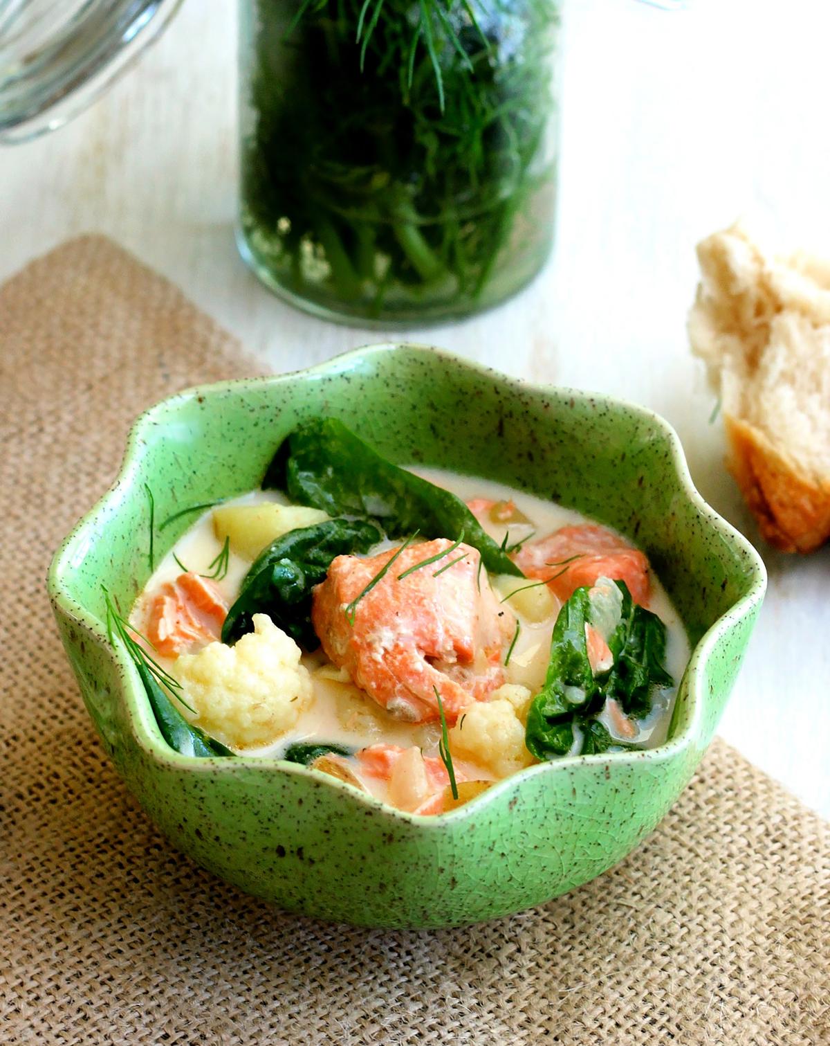 Chicken stock makes a surprising base for this satisfying salmon chowder. (Lynda Balslev for Tastefood)