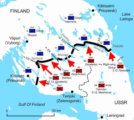 The status of the Winter War as of December 1939. The black line represents the Mannerheim Line, a defensive line fortified by Finnish soldiers against the Russians. The line was naturally punctuated by lakes and marshes, which made it more difficult for the Russians to advance. (Public Domain)