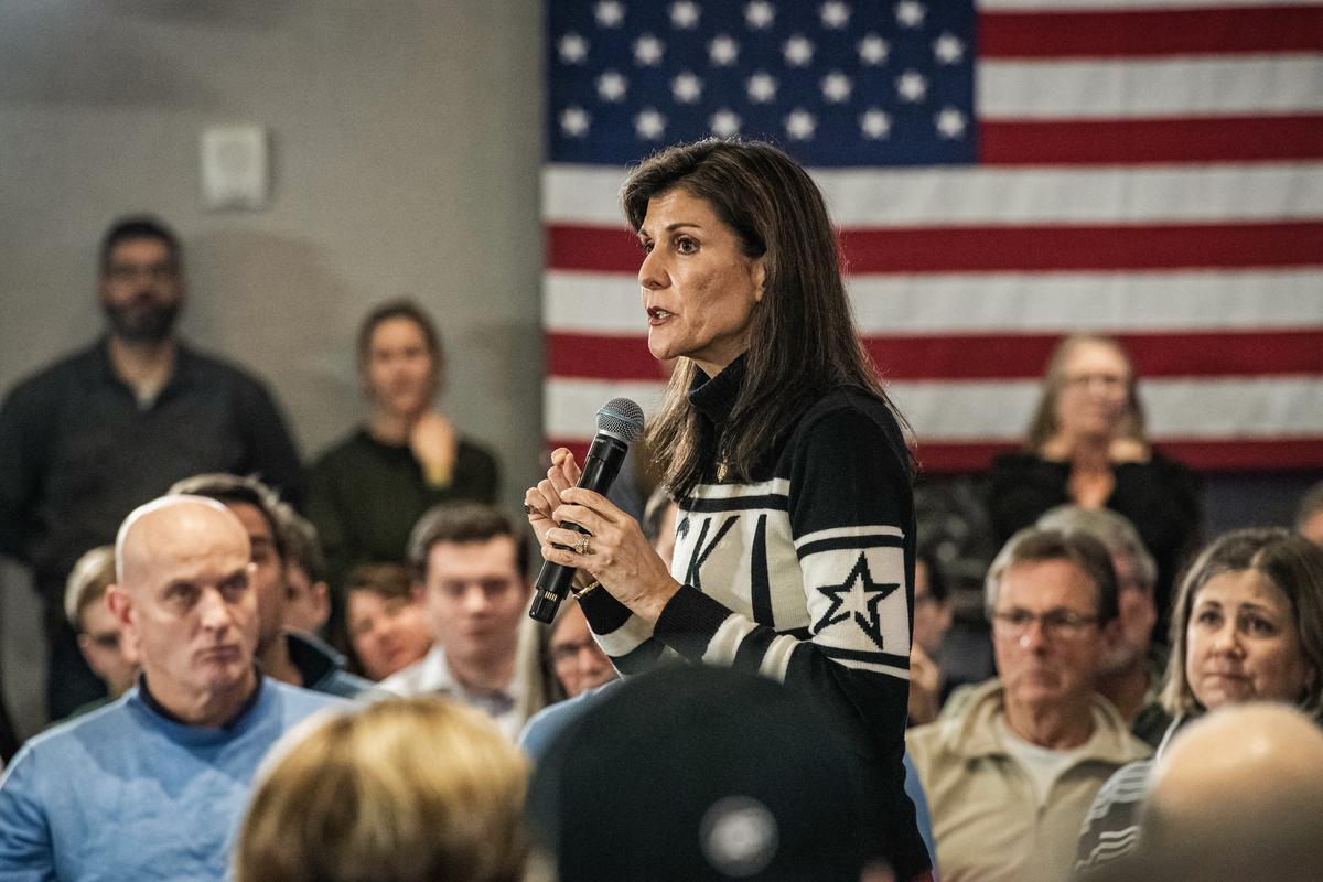 Former U.N. ambassador and 2024 presidential hopeful Nikki Haley speaks at a campaign town hall event in Lebanon, N.H., on Dec. 28, 2023. (Joseph Prezioso/AFP via Getty Images)