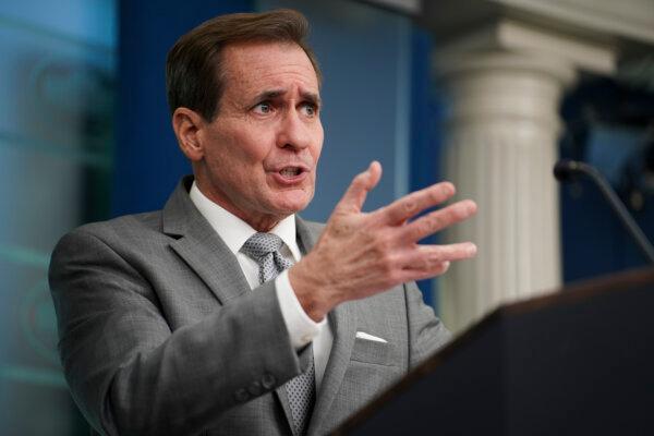 National Security Council Coordinator for Strategic Communications John Kirby answers reporters’ questions during a press briefing at the White House in Washington on Jan. 3, 2024. (Madalina Vasiliu/The Epoch Times)