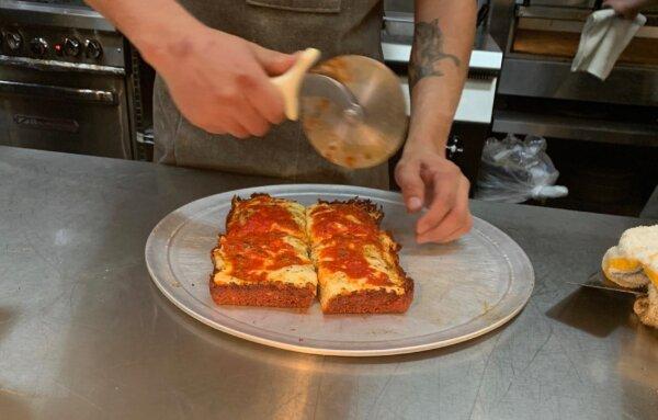 Square pizza at Melo’s Italian Table in Walnut Creek, Calif., on Nov. 11, 2023. (Helen Billings/The Epoch Times)